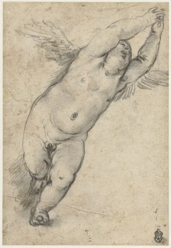 Vliegende putto met opgeheven armpjes by Unknown, drawing, 1582-1602