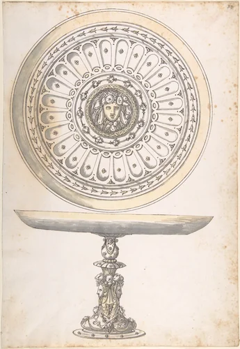 Shallow Round Dish on tall Pedestal Decorated with Fruit and Female Masks by Erasmus Hornick, drawing, 1500-1583