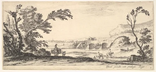 Plate 3: two horsemen crossing a river to right, a woman with two baskets atop a donkey to left, trees to the left and right, a bridge in the background, from "Various Landscapes" (Divers Paysages) by Stefano della Bella, print, 1636-1646