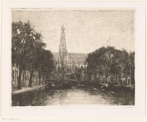 Gezicht op het Spaarne en de Bakenesserkerk in Haarlem by Cornelia Christina Johanna van Trigt-Hoevenaar, print, 1864-1909