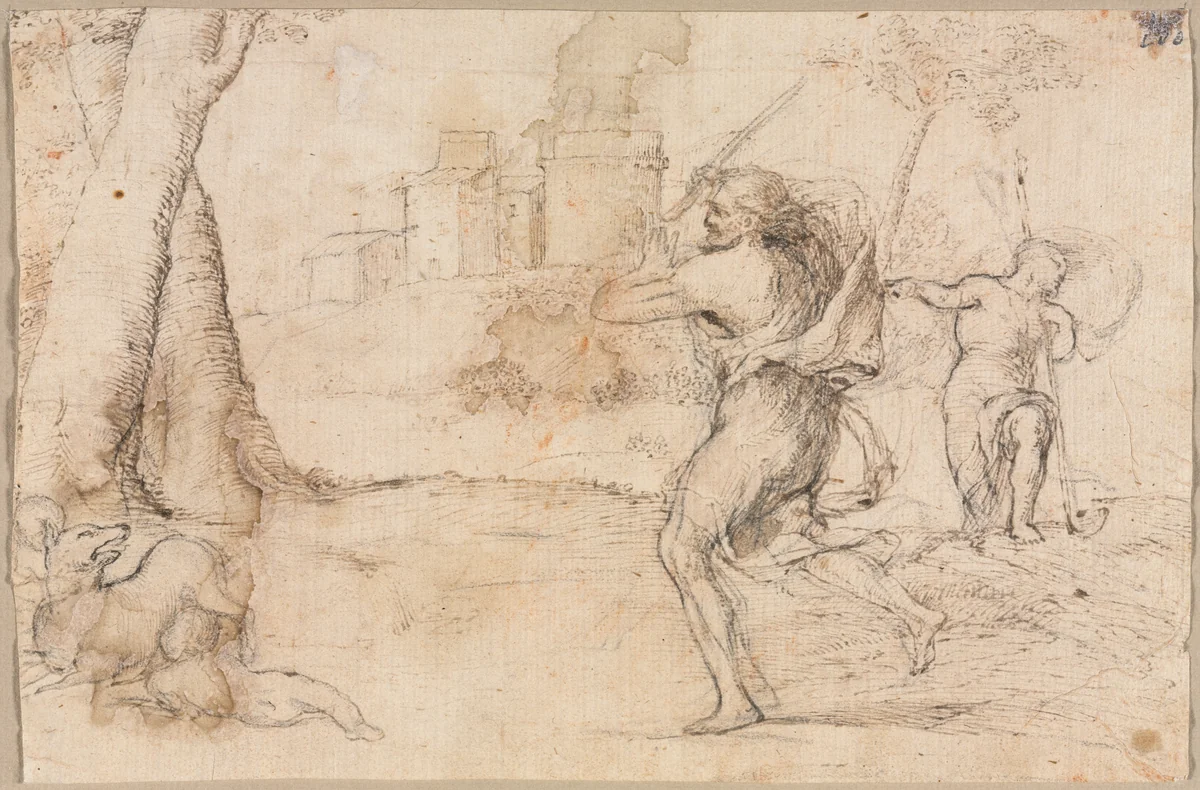 Romulus and Remus Found by Faustulus (recto) by Romanino, drawing, 1530-1540