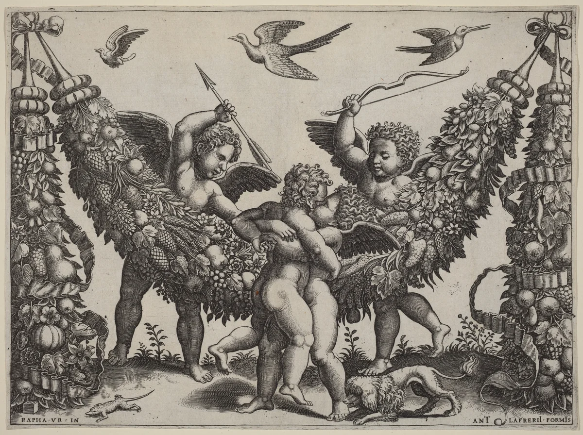 Two Putti...Striking Another Who Is Squeezing a Child by Raphael, print, 1452-1592