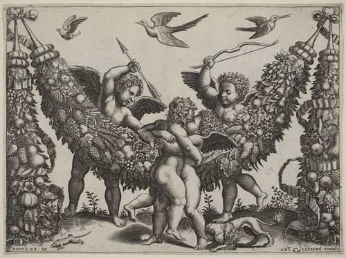 Two Putti...Striking Another Who Is Squeezing a Child by Raphael, print, 1452-1592