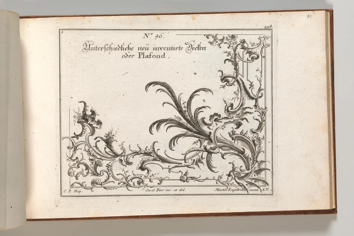 Design for the Decoration of the Lower Right Corner of a Ceiling, Plate 1 from: 'Unterschiedliche neü inventirte Decken oder Plafond.' by Carl Pier, book, 1745-1755
