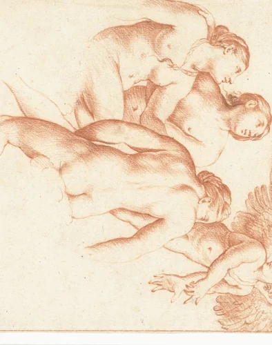 Amor en de drie gratiën by Cornelis van Poelenburch, drawing, 1600-1667