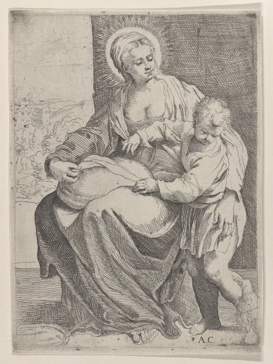The Virgin seated holding a pillow on her lap with the young Christ standing at right by Annibale Carracci, print, 1580-1600