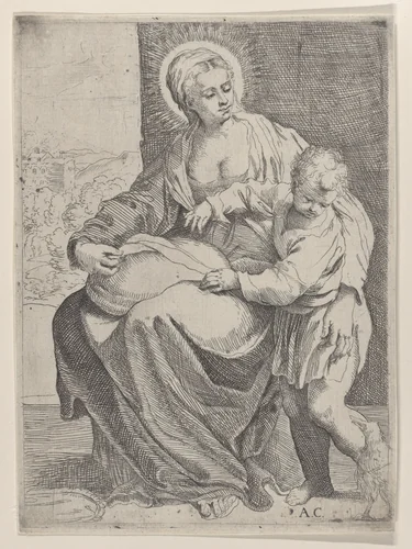 The Virgin seated holding a pillow on her lap with the young Christ standing at right by Annibale Carracci, print, 1580-1600