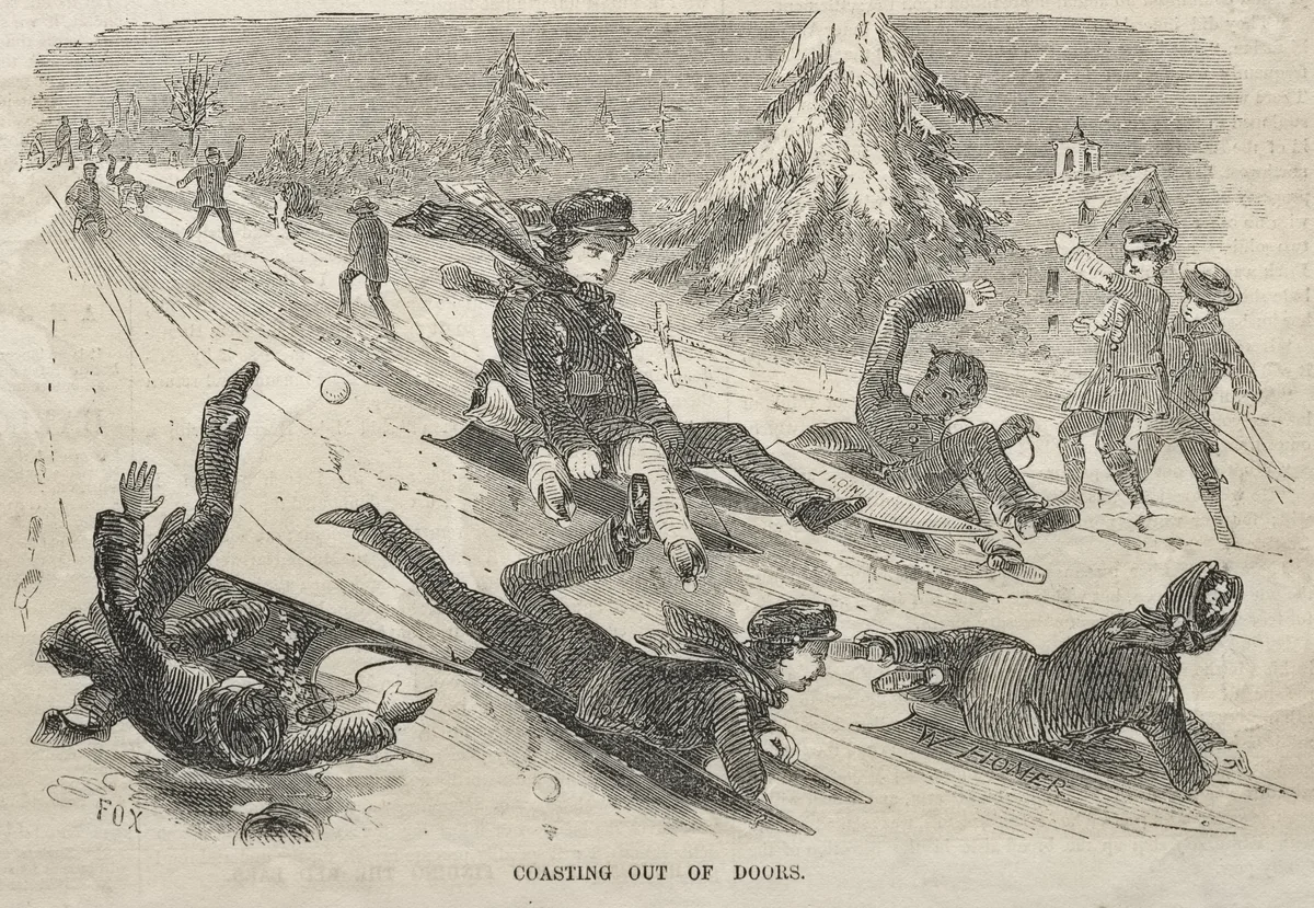 Coasting Out of Doors by Winslow Homer, print, 1857
