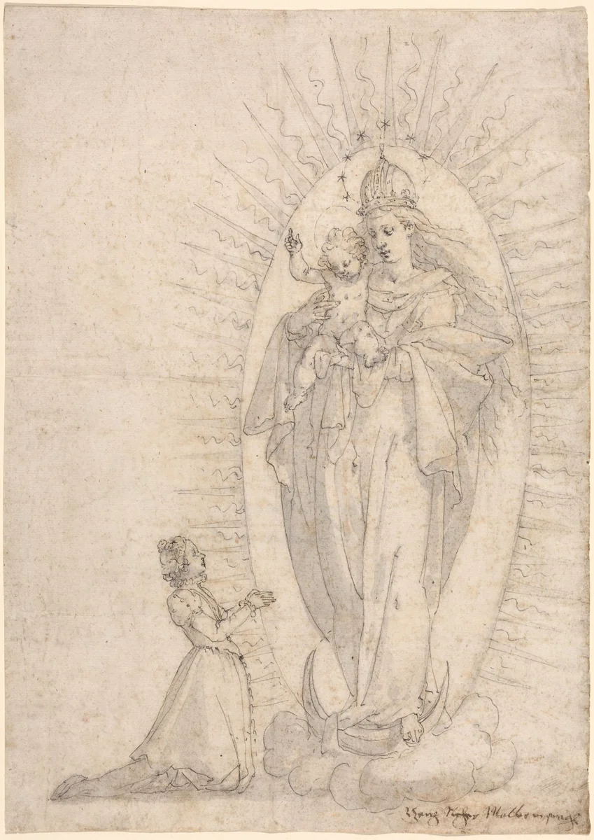 Madonna and Child Appearing to a Supplicant by Georg Neher, drawing, 1600