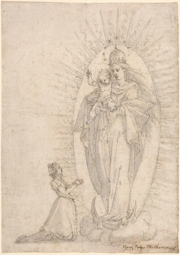 Madonna and Child Appearing to a Supplicant by Georg Neher, drawing, 1600