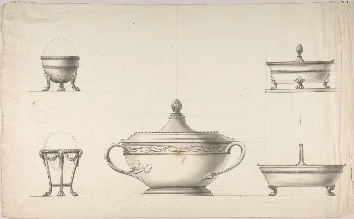 Covered Dish, Two Egg Cups, and Two Salt Cellars by anonymous, drawing, 1800-1900