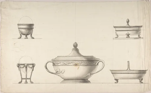 Covered Dish, Two Egg Cups, and Two Salt Cellars by anonymous, drawing, 1800-1900