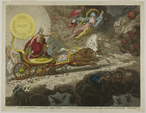 Light Expelling Darkness,-Evaporation of Stygian Exhalations,-or-The Sun of the Constitution, Rising Superior to the Clouds of Opposition by James Gillray, print, 1795