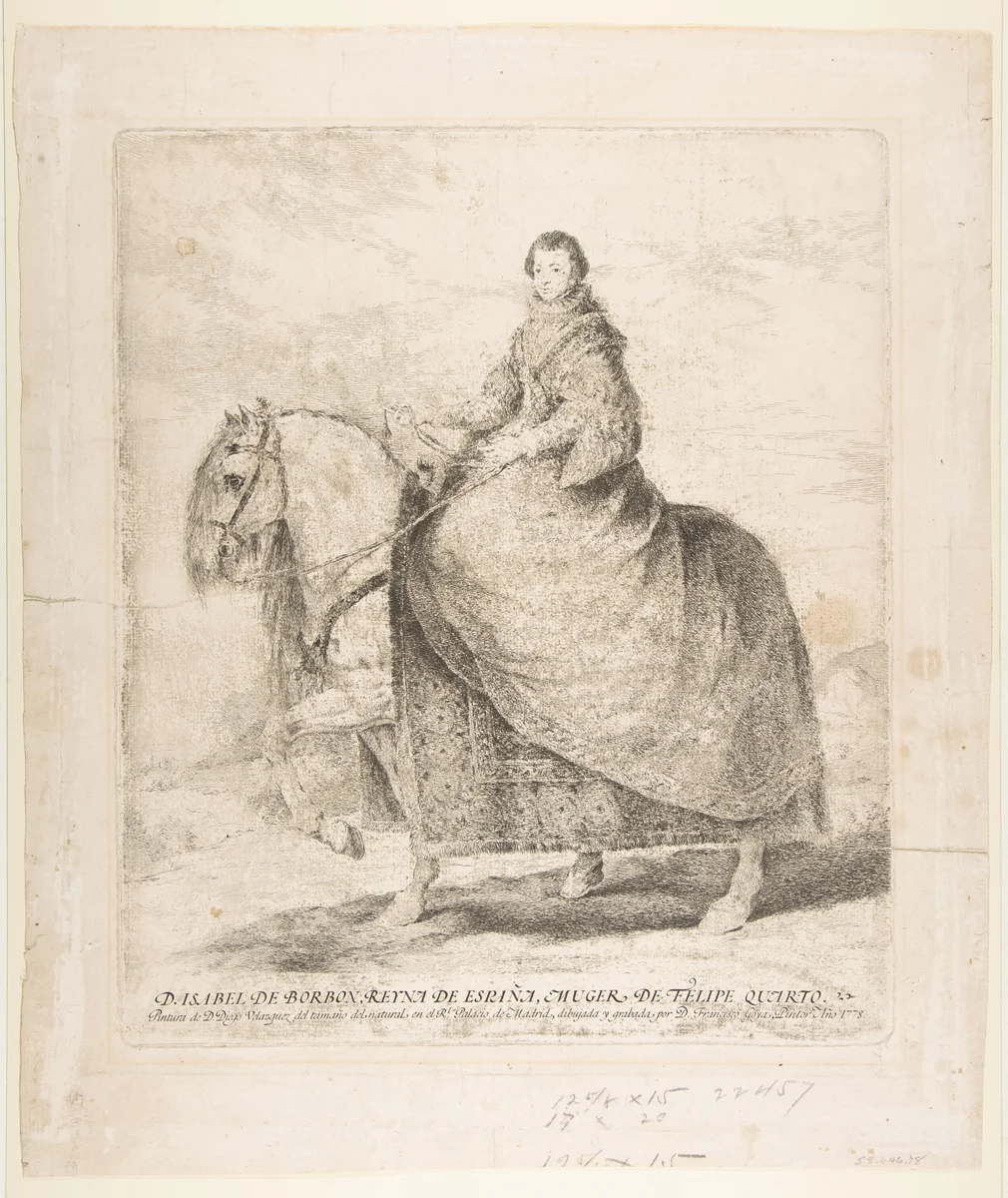 Isabel of Bourbon, Queen of Spain on horseback, after Veláquez by Goya, print, 1760-1828