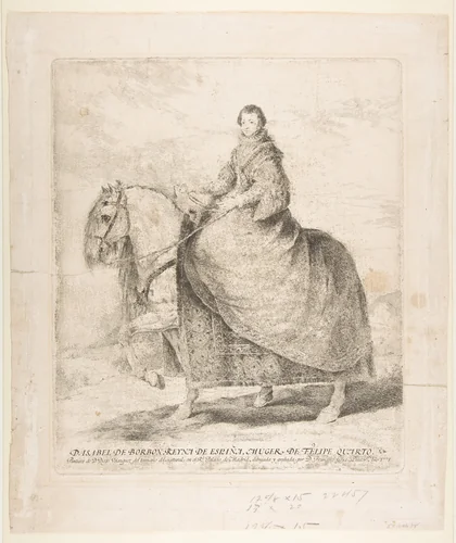 Isabel of Bourbon, Queen of Spain on horseback, after Veláquez by Goya, print, 1760-1828