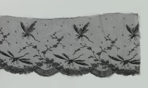 Strook zwarte machinale kant met libellen by anonymous, other, 1890-1899