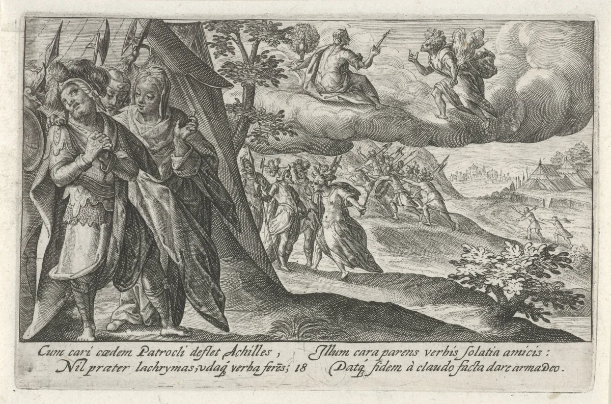 Achilles treurt om de dood van Patroclus by Crispijn van de Passe, print, 1613
