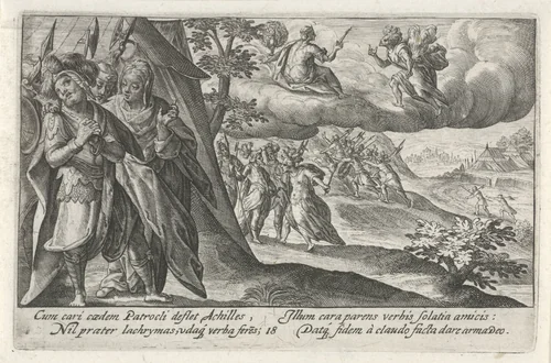 Achilles treurt om de dood van Patroclus by Crispijn van de Passe, print, 1613