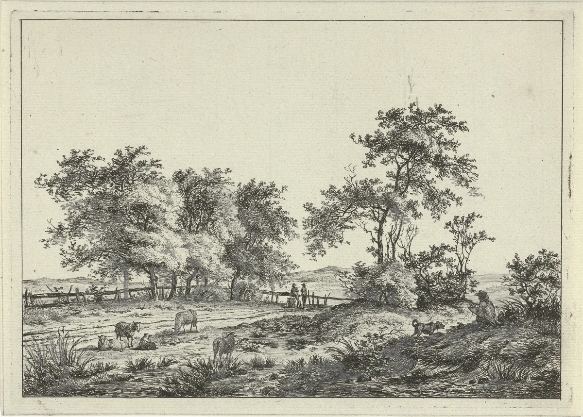 Landschap met tekenaar en hond by Hermanus Fock, print, 1781-1822