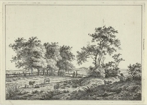 Landschap met tekenaar en hond by Hermanus Fock, print, 1781-1822