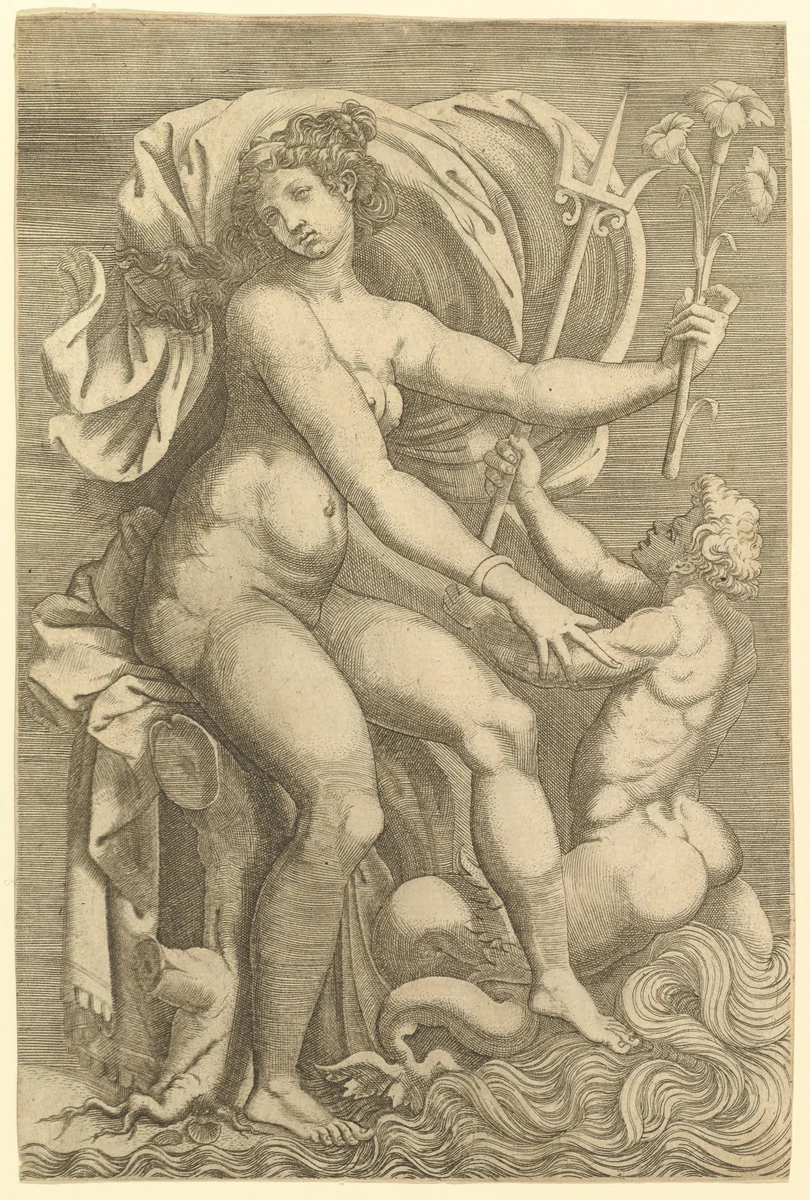 Thetis Seated with a Triton by anonymous, print, 1520-1582