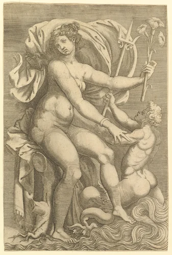 Thetis Seated with a Triton by anonymous, print, 1520-1582