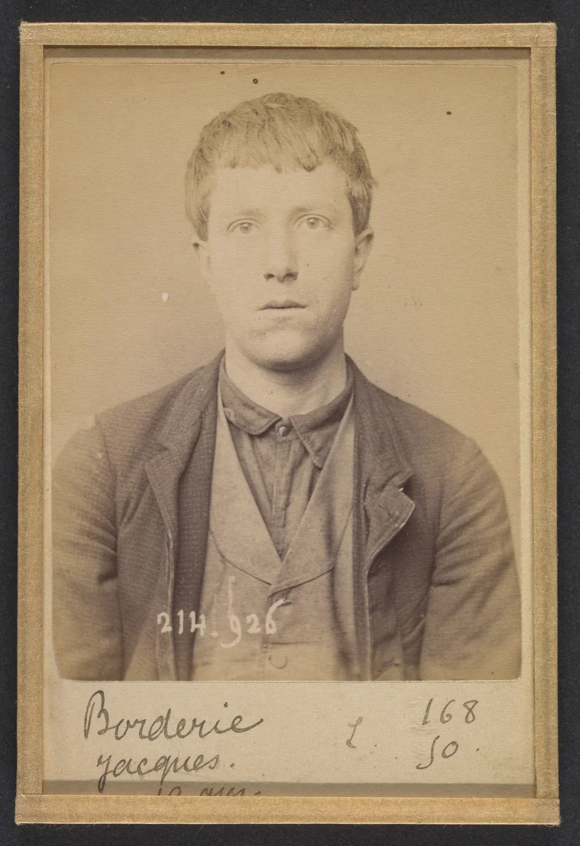 Borderie. Ferdinand, Jacques. 19 ans, né à Sarlat (Dordogne). Peintre sur métaux. Pas de motif. 1/3/94. by Alphonse Bertillon, photograph, 1894
