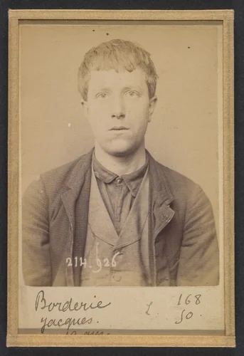 Borderie. Ferdinand, Jacques. 19 ans, né à Sarlat (Dordogne). Peintre sur métaux. Pas de motif. 1/3/94. by Alphonse Bertillon, photograph, 1894