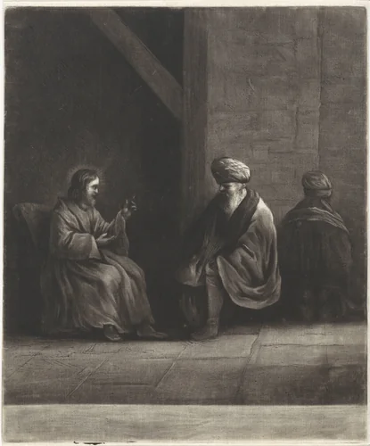 Christus en Nicodemus by John Greenwood, print, 1739-1792