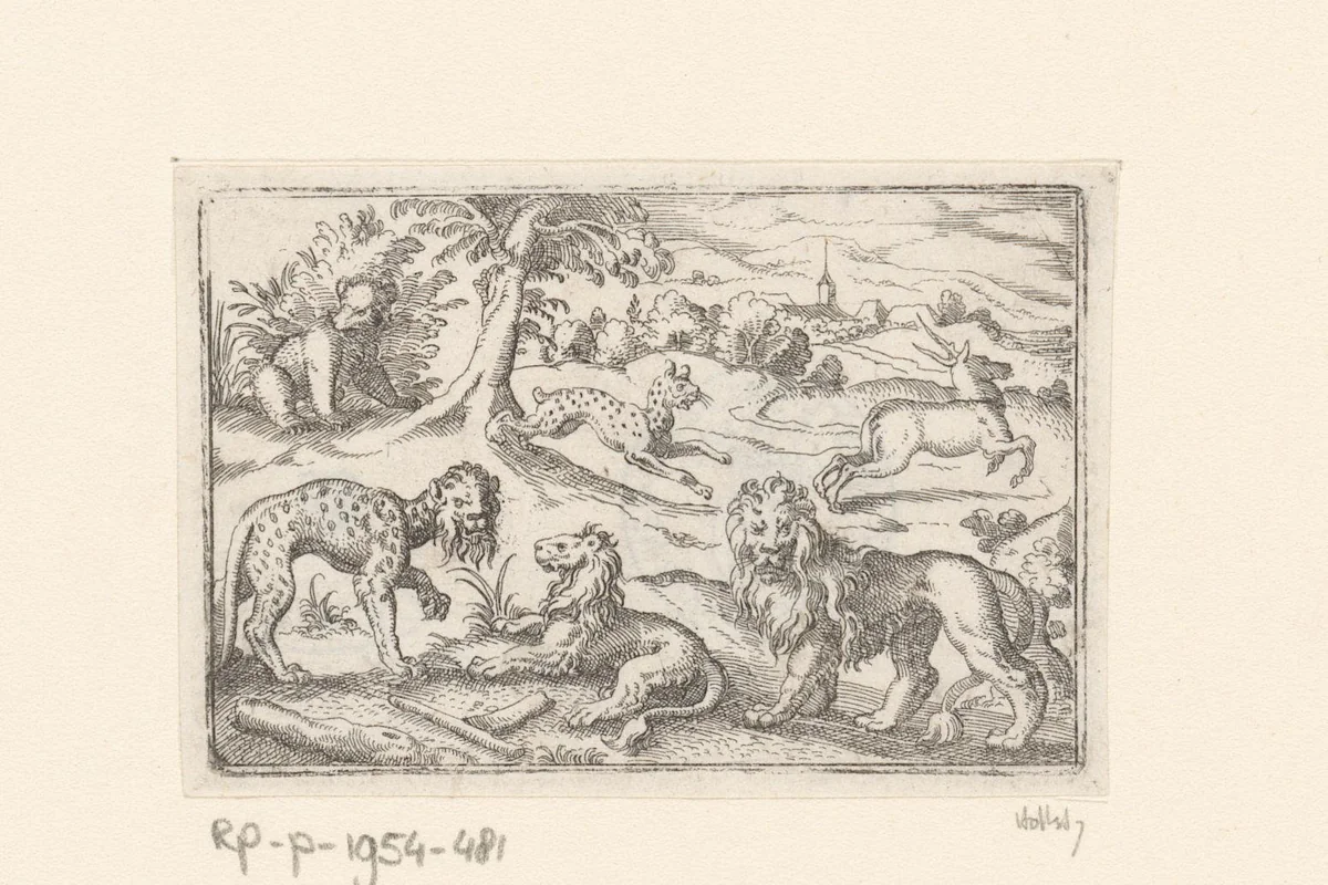 Twee luipaarden, twee leeuwen, een hert en een beer by Stephan Herman, print, 1578-1596