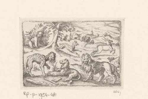 Twee luipaarden, twee leeuwen, een hert en een beer by Stephan Herman, print, 1578-1596