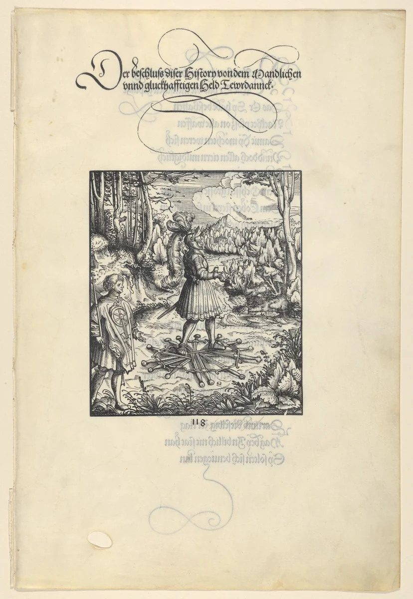 Theuerdank Walking on Swords, from [Theuerdank] Die geuerlicheiten vnd einsteils der geschichten des loblichen streytparen vnd hochberümbten helds vnd Ritters herr Tewrdannckhs by Hans Burgkmair, print, 1517