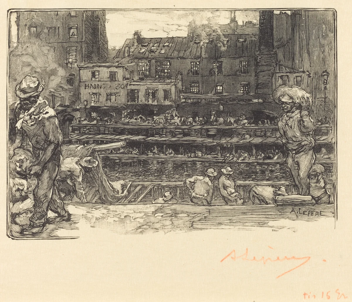 Unloading, Canal St. Martin (Les dechargeurs de platre, Canal Saint-Martin) by Auguste Lepère, print, 1890
