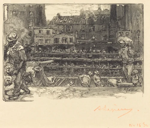 Unloading, Canal St. Martin (Les dechargeurs de platre, Canal Saint-Martin) by Auguste Lepère, print, 1890