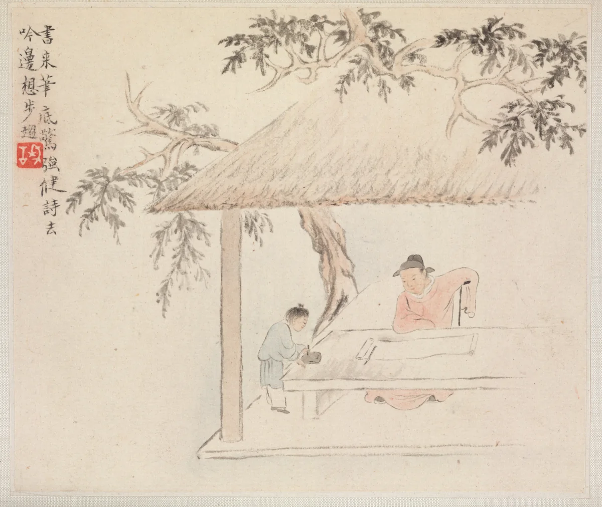Album of Landscape Paintings Illustrating Old Poems: A Scholar at a Table with a Servant aside Preparing the Ink by Hua Yan, painting, 1745