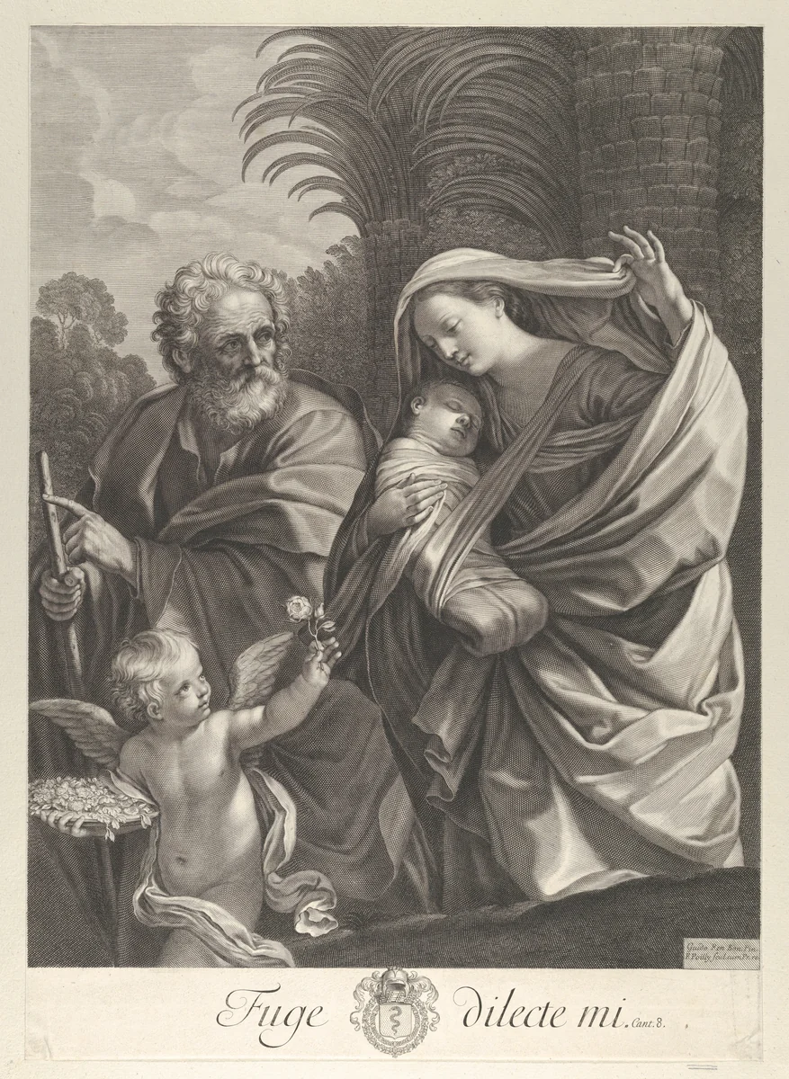 The Flight into Egypt; the Holy Family walking together, Saint Joseph pointing to the left and the Virgin carrying the infant Christ, an angel in front of her offering a flower, after Reni by Francois de Poilly, print, 1643-1681