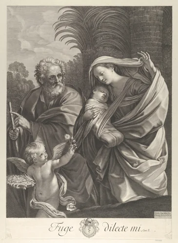 The Flight into Egypt; the Holy Family walking together, Saint Joseph pointing to the left and the Virgin carrying the infant Christ, an angel in front of her offering a flower, after Reni by Francois de Poilly, print, 1643-1681