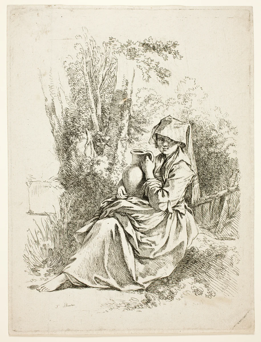 Peasant Woman with a Jug by François Boucher, print, 1723-1770