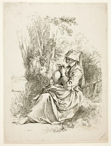 Peasant Woman with a Jug by François Boucher, print, 1723-1770