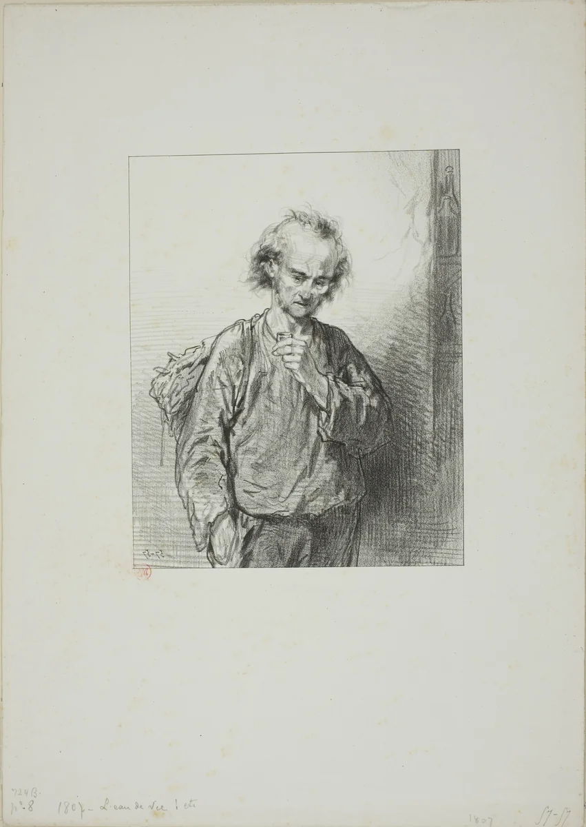 Masks and faces: Brandy-a man plus brandy makes a savage, and brandy plus savages makes cattle by Paul Gavarni, print, 1857-1858