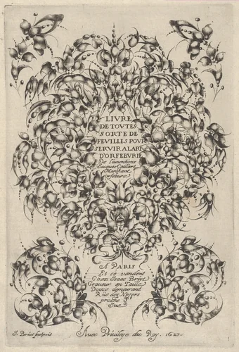 Title Plate with Goldsmiths' Bouquet, from "Livre de Toutes Sorte de Feuilles Pour Servir a l'Art d'Orfeburie" by Jacques Caillard, print, 1627