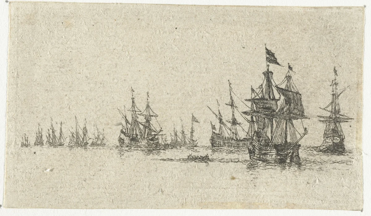 Kleine zeegezicht met een vloot van schepen by anonymous, print, 1700-1799