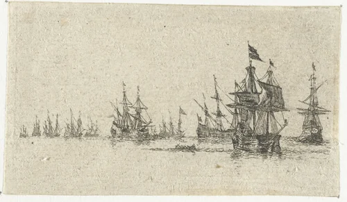 Kleine zeegezicht met een vloot van schepen by anonymous, print, 1700-1799