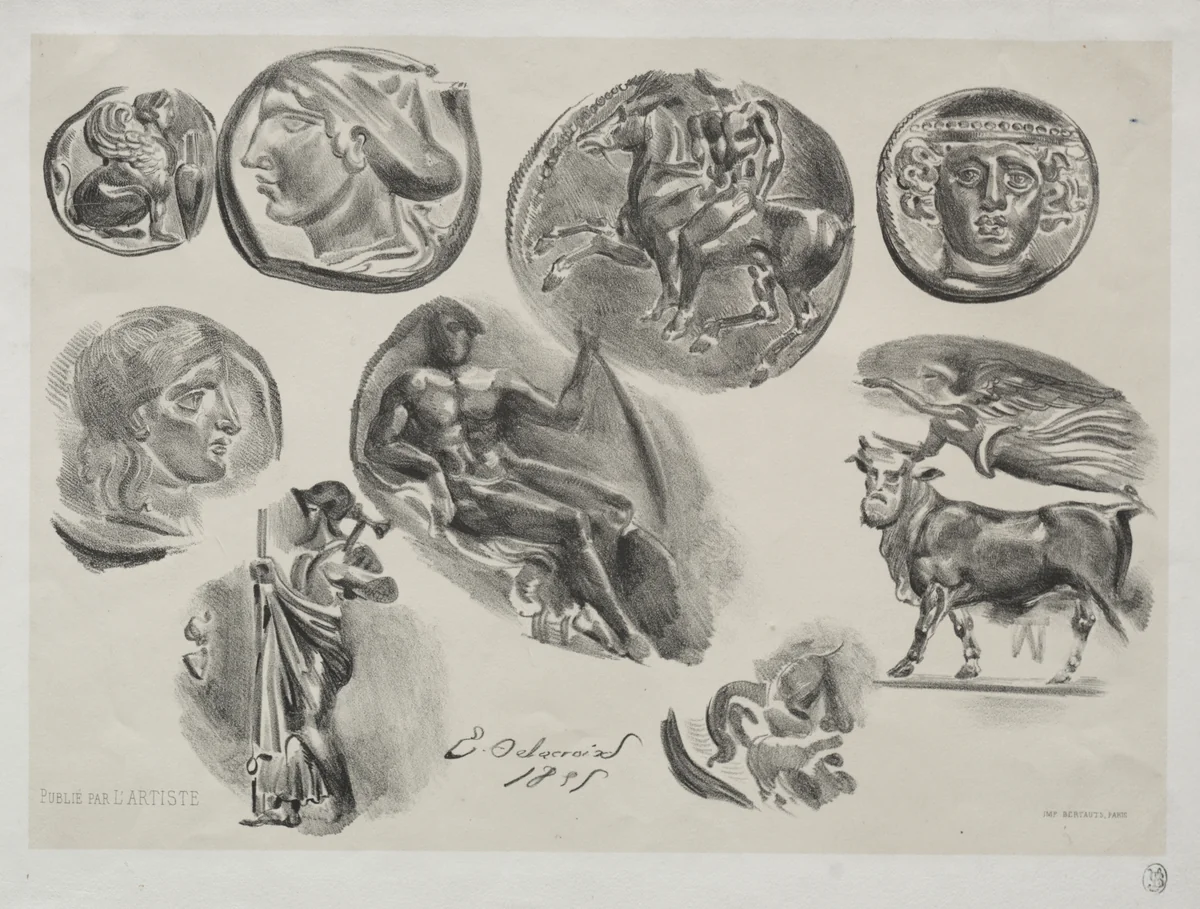 Sheet with Nine Antique Medals by Eugène Delacroix, print, 1825