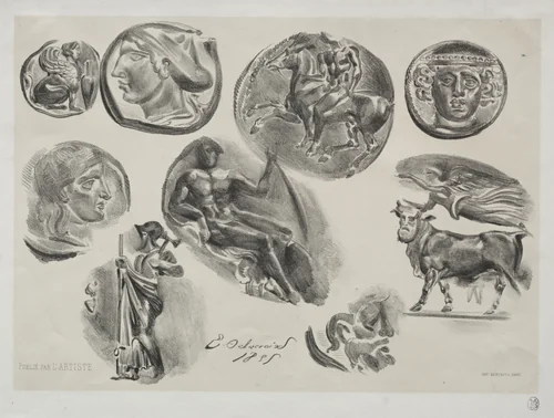 Sheet with Nine Antique Medals by Eugène Delacroix, print, 1825