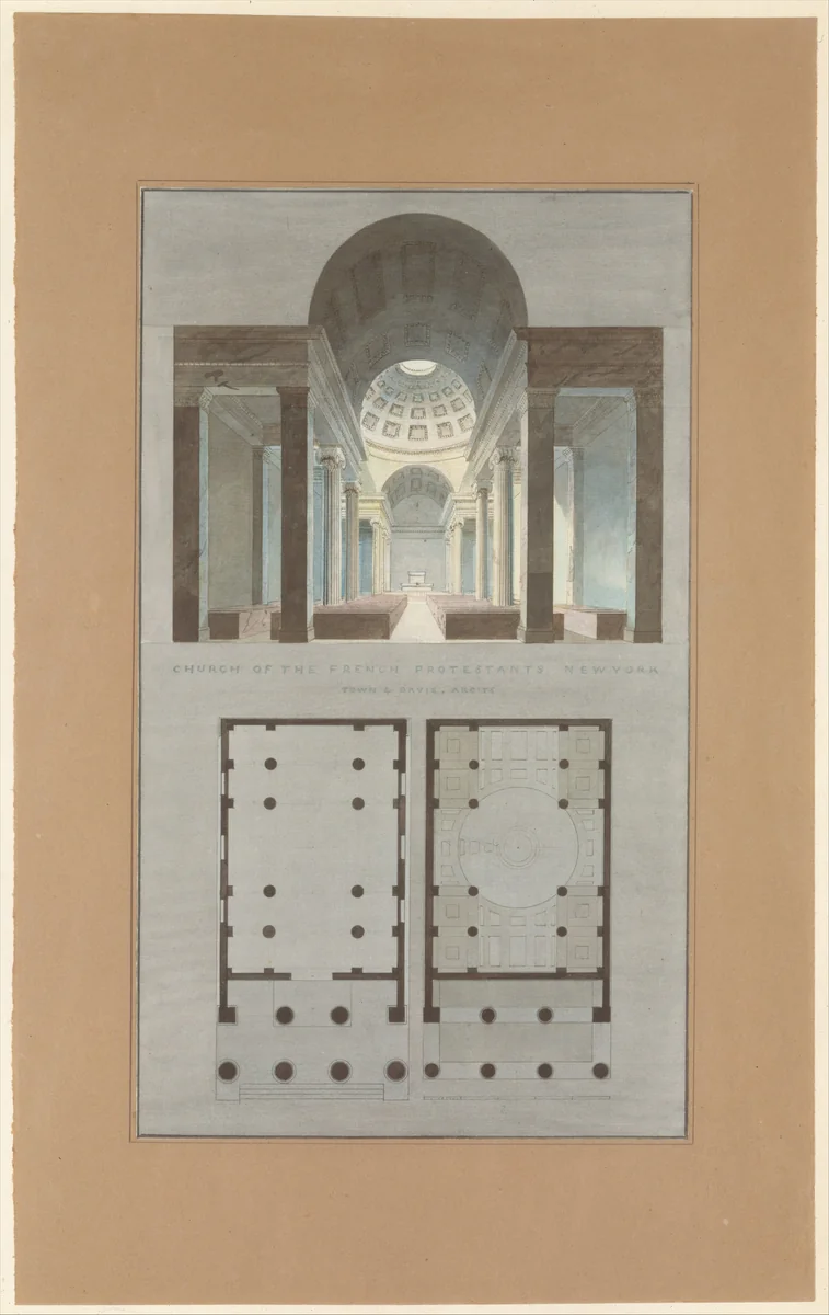 Church of the French Protestants (Eglise Français du Saint Esprit), New York (section and plan) by Alexander Jackson Davis, drawing, 1831-1834