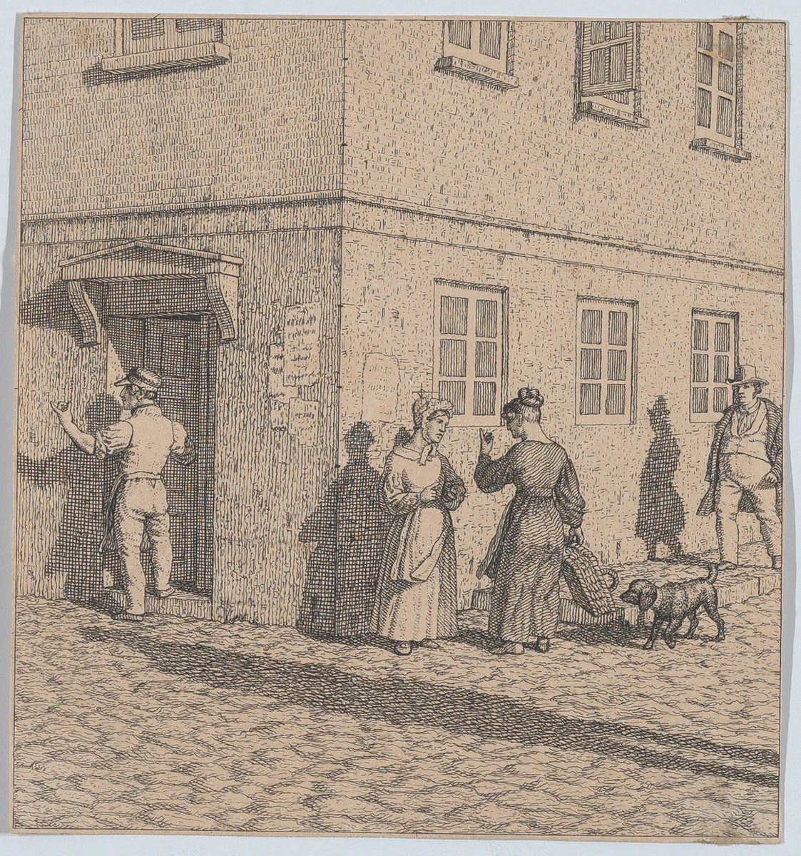 Two women conversing on a street corner, from "Linear Perspective, Applied to the Art of Painting" by Christoffer Wilhelm Eckersberg, print, 1841
