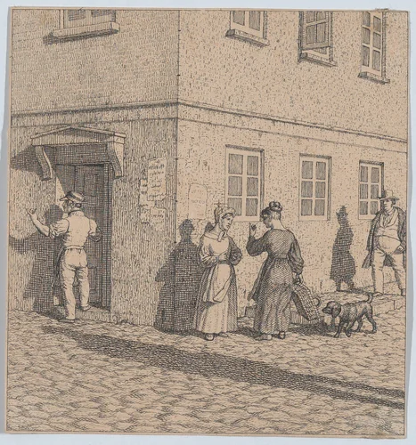 Two women conversing on a street corner, from "Linear Perspective, Applied to the Art of Painting" by Christoffer Wilhelm Eckersberg, print, 1841