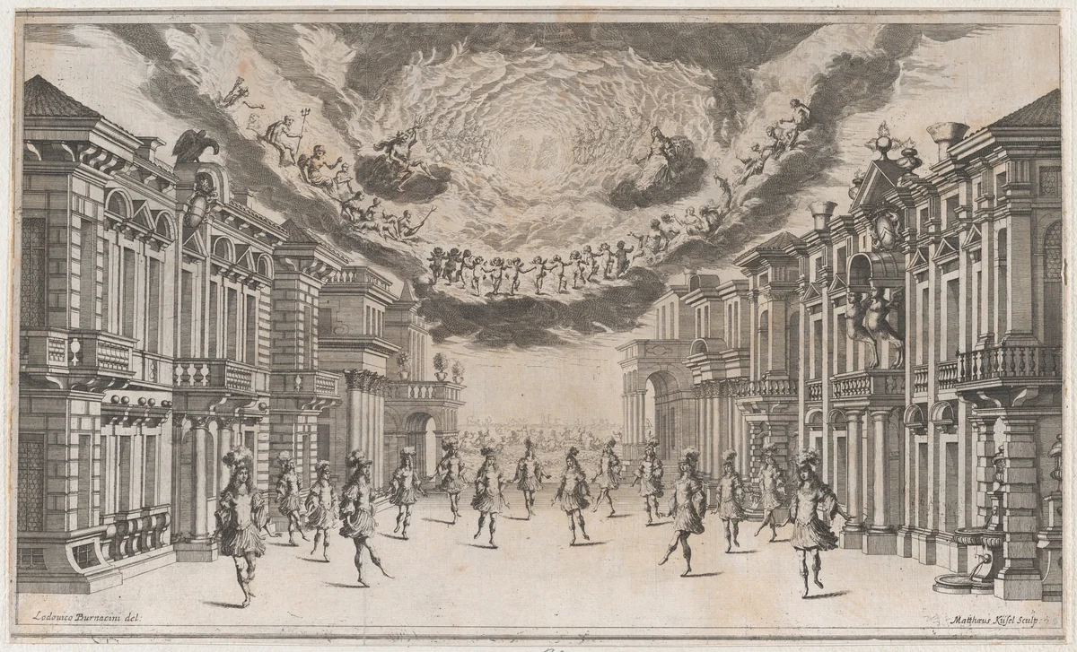 A group of young men dancing as the gods look on from above; set design from 'Il Pomo D'Oro' by Mathäus Küsel, print, 1668