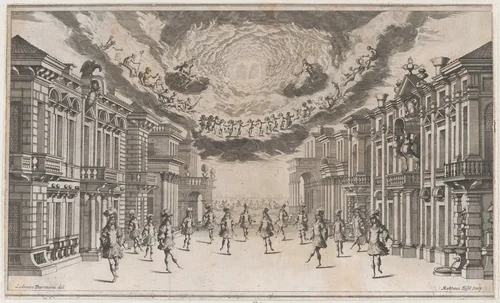 A group of young men dancing as the gods look on from above; set design from 'Il Pomo D'Oro' by Mathäus Küsel, print, 1668